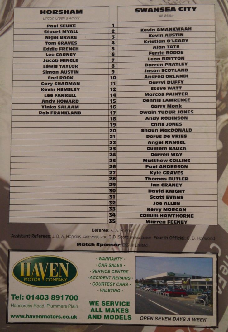 Horsham v Swansea City- note the disparity in squad sizes!